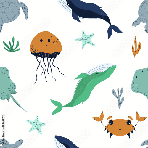 Funny animals seamless pattern. Cute children print with stingrays, whales, crab and turtle. Hand drawn ocean with marine life. Background for kids.
