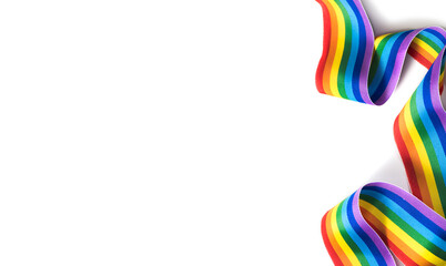 Colorful rainbow ribbon border design. LGBT colourful corner design, isolated on white background. Gay pride design. Curly, waving ribbon or banner with flag of LGBTQ pride border. 