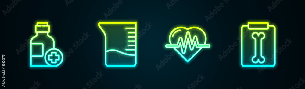 Set line Bottle of medicine syrup, Measuring cup, Heart rate and X-ray shots. Glowing neon icon. Vector Set line Bottle of medicine syrup, Measuring cup, Heart rate and X-ray shots. Glowing neon icon. Vector