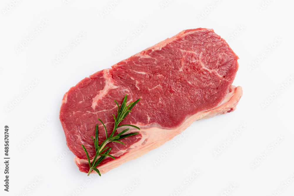 Fresh raw steaks on white background.