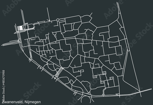 Detailed negative navigation white lines urban street roads map of the ZWANENVELD NEIGHBORHOOD of the Dutch regional capital city Nijmegen, Netherlands on dark gray background