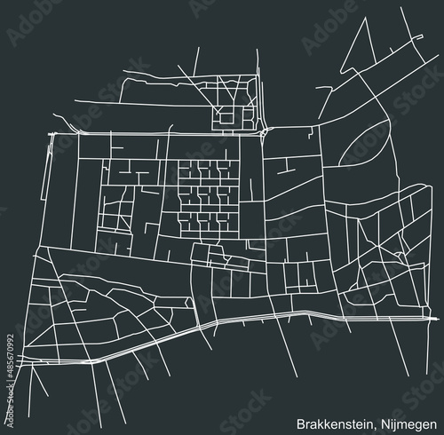 Detailed negative navigation white lines urban street roads map of the BRAKKENSTEIN NEIGHBORHOOD of the Dutch regional capital city Nijmegen, Netherlands on dark gray background