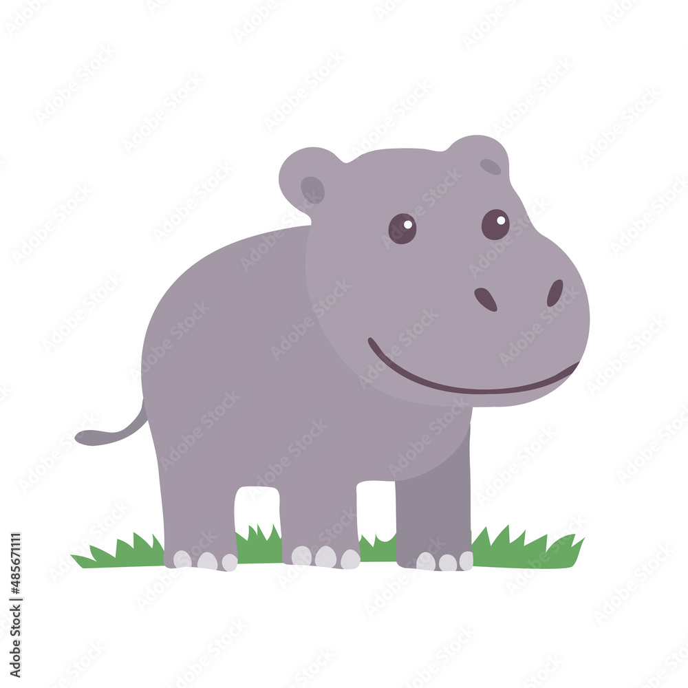 Cute young hippo on a white background. African wild animal hippopotamus. Childrens character. Vector isolated cartoon illustration