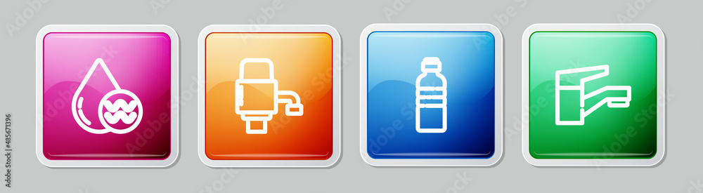 Set line Recycle clean aqua, Mechanical pump for water, Bottle of and Water tap. Colorful square button. Vector Set line Recycle clean aqua, Mechanical pump for water, Bottle of and Water tap. Colorful square button. Vector
