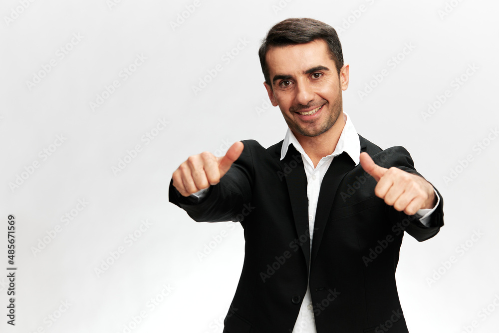 successful man black suit hand gestures emotions business and office concept successful man black suit hand gestures emotions business and office concept
