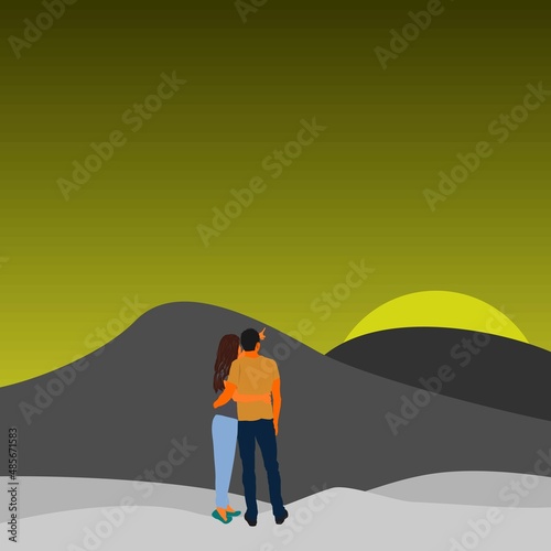 Illustration of a romantic couple enjoying the sunset and mountains in the afternoon
