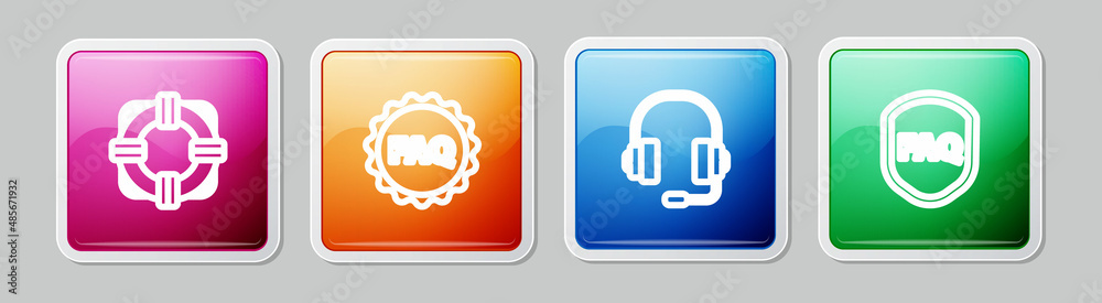 Set line Lifebuoy, Label with text FAQ, Headphones and Shield. Colorful square button. Vector