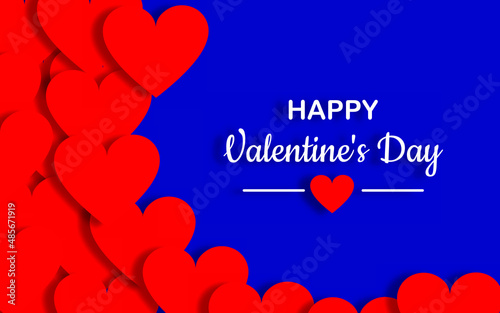 Valentine's day modern poster design. Greeting horizontal stylish card with red hearts on a blue background in paper cut style. vector