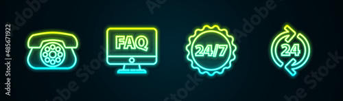Set line Telephone, Computer monitor and FAQ, Clock 24 hours and support. Glowing neon icon. Vector