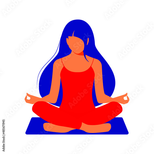 A beautiful woman with long blue hair sits in a lotus position, meditates and feels great, radiating positive feminine energy and mental health. Yoga practice. Stay calm. Vector.