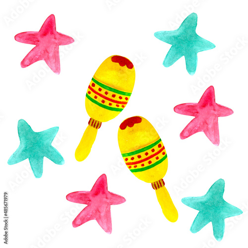 Photography watercolor of maracas on a white background