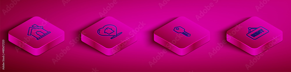 Set Isometric line House, with heart shape, key and Hanging sign Rent icon. Vector Set Isometric line House, with heart shape, key and Hanging sign Rent icon. Vector
