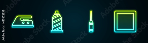 Set line Electric iron, Sewing thread, Awl tool and Pattern. Glowing neon icon. Vector