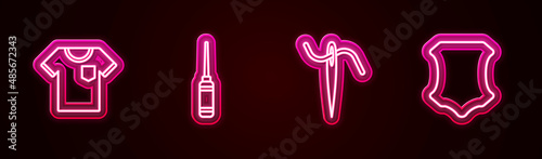 Set line T-shirt, Awl tool, Needle for sewing with thread and Leather. Glowing neon icon. Vector