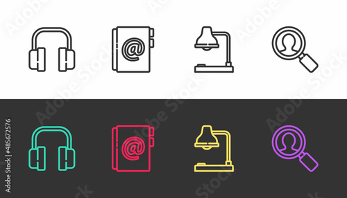 Set line Headphones, Address book, Table lamp and Magnifying glass for search people on black and white. Vector