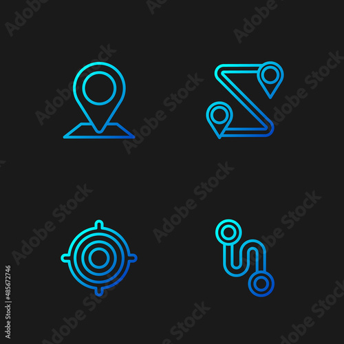 Set line Route location, Target sport, Location and . Gradient color icons. Vector
