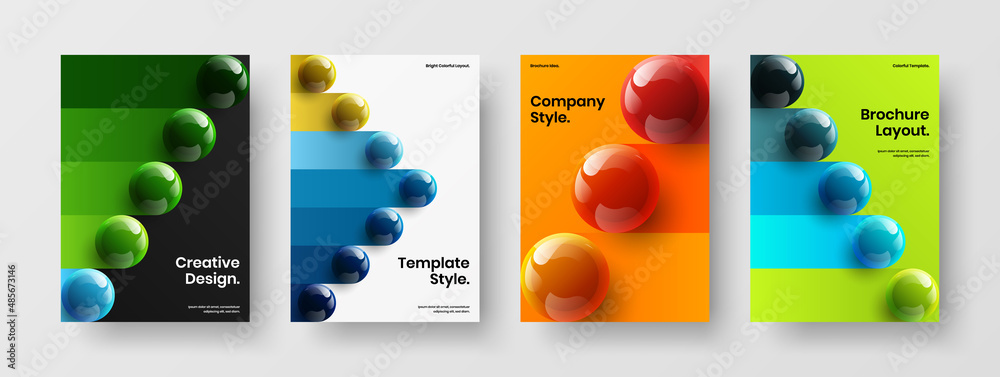 Creative realistic spheres catalog cover layout bundle. Amazing postcard A4 vector design template collection.