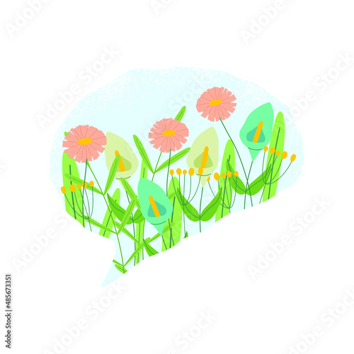 Vector illustration of a brain inside which flowers grow. The concept of mental health, healthy mind and psychotherapy. White background.