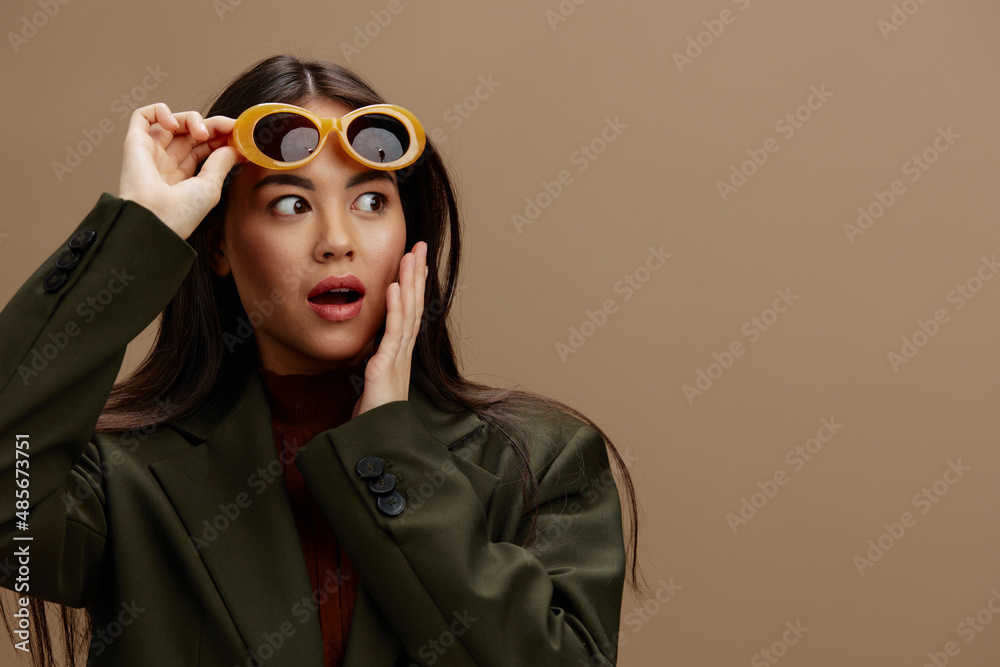 Brunette stylish clothes fashion glasses charm Lifestyle close-up Brunette stylish clothes fashion glasses charm Lifestyle close-up