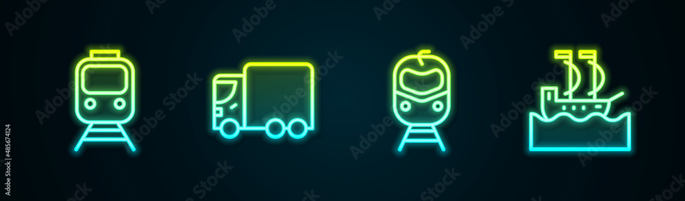 Set line Train and railway, Delivery cargo truck, and Sailboat. Glowing neon icon. Vector Set line Train and railway, Delivery cargo truck, and Sailboat. Glowing neon icon. Vector