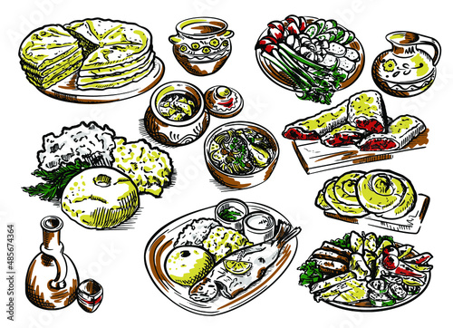 Vector Set of Moldavian national food: pies, hominy, cottage cheese, skrob eggs, corn porridge, fresh and grilled vegetables, wine, potatoes in a pot, fish, meat