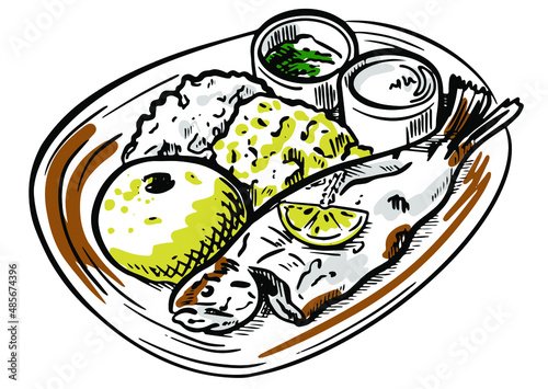 Moldavian national dish mamaliga, scrob egg, cottage cheese, sauce and fried fish. Vector illustration sketch of food photo