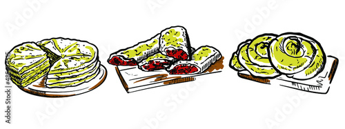set of Vector illustrations of the Moldovan national dish Placinda and vertuta