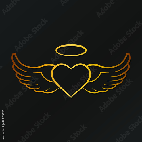 Gold Wings Heart Illustration Clip Art Design Shape. Angel Love Silhouette Icon Vector.