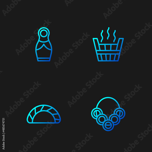 Set line Russian bagels, Dumpling, doll matryoshka and Sauna bucket. Gradient color icons. Vector