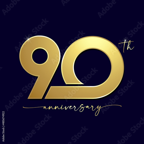90 years anniversary simple gold logo with handwriting for celebration event. Vector illustration 90th birthday for greeting card or jubilee invitation