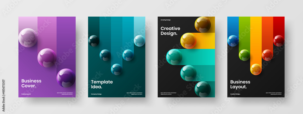 Simple realistic spheres corporate brochure template collection. Unique company cover design vector illustration composition.