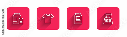 Set line Sports nutrition, T-shirt, and Weight with long shadow. Red square button. Vector