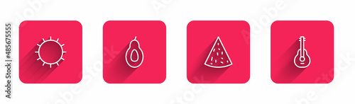 Set line Sun, Avocado, Nachos and Mexican guitar with long shadow. Red square button. Vector