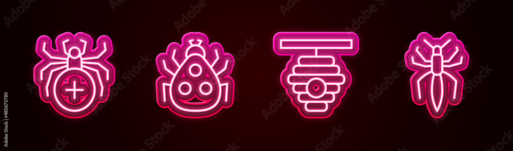 Set line Spider, Ladybug, Hive for bees and . Glowing neon icon. Vector Set line Spider, Ladybug, Hive for bees and . Glowing neon icon. Vector
