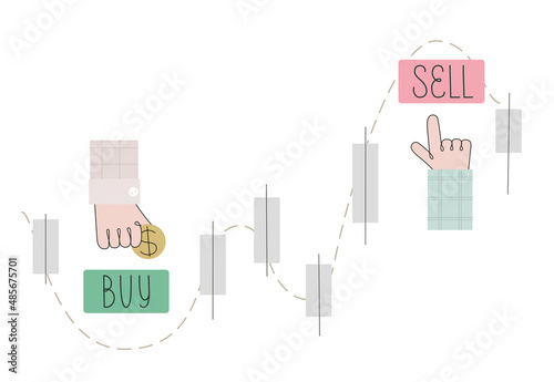 Vector illustration buy low sell high. Simple scheme of mean rule for stock market. Trading strategy. Hand indicating Concept