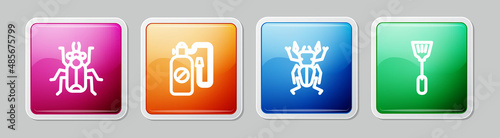 Set line Beetle bug, Pressure sprayer, deer and Fly swatter. Colorful square button. Vector