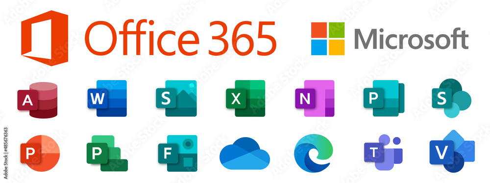 Vettoriale Stock Set icons Microsoft Office 365: Word, Excel, OneNote,  Yammer, Sway, PowerPoint, Access, Outlook, Publisher, SharePoint, OneDrive,  Skype, Exchange, Teams... Vector illustration on isolated background |  Adobe Stock