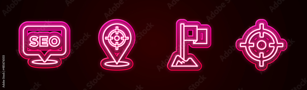 Set line SEO optimization, Target sport, Location marker and . Glowing neon icon. Vector Set line SEO optimization, Target sport, Location marker and . Glowing neon icon. Vector