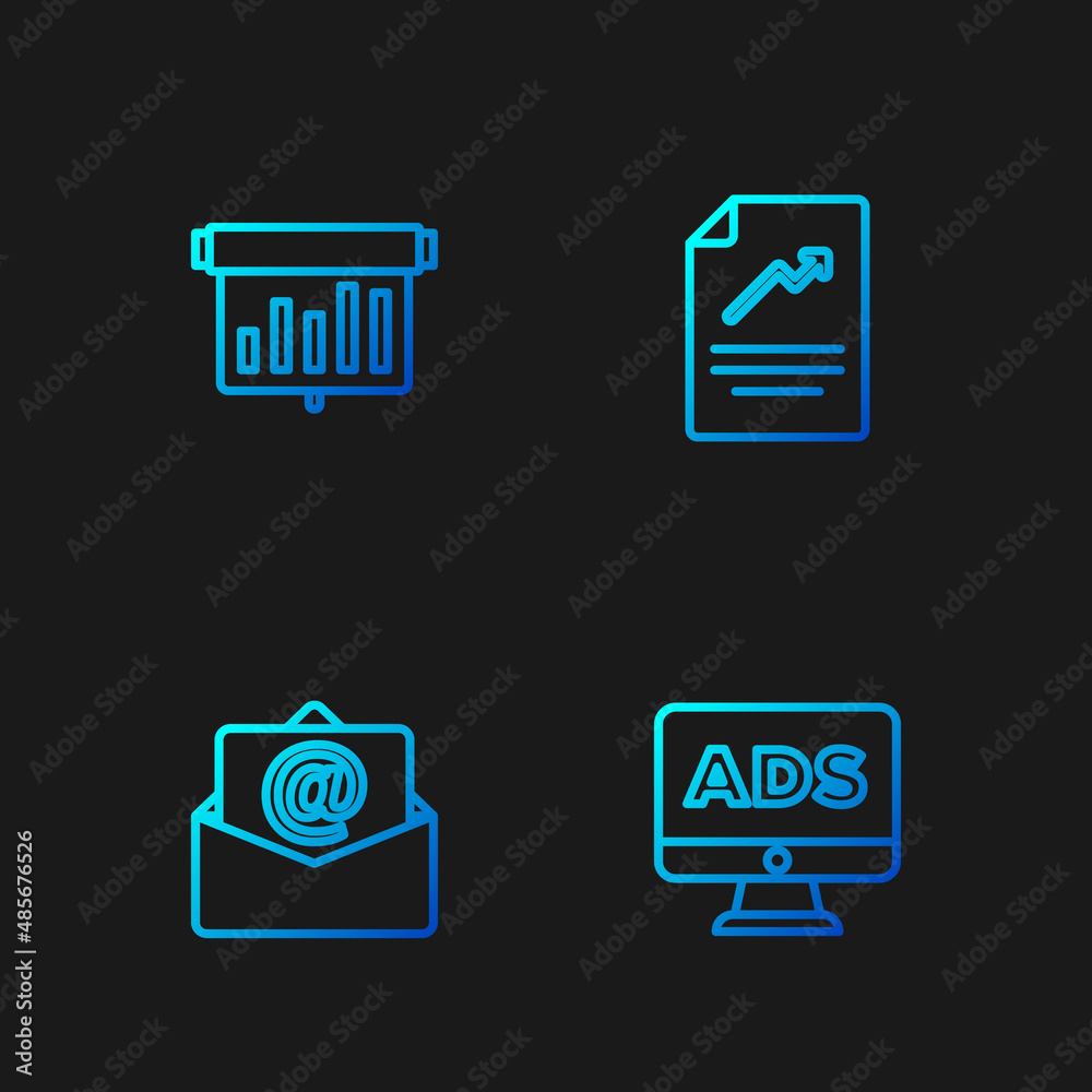 Set line Advertising, Mail and e-mail, Board with graph chart and Document. Gradient color icons. Vector Set line Advertising, Mail and e-mail, Board with graph chart and Document. Gradient color icons. Vector