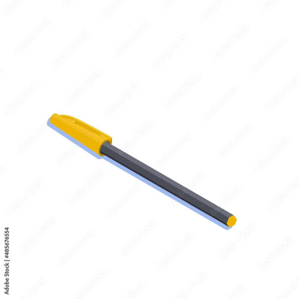 Black plastic pen with yellow cap isometric vector illustration isolated on white background.