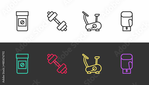 Set line Anabolic drugs, Dumbbell, Stationary bicycle and Boxing glove on black and white. Vector