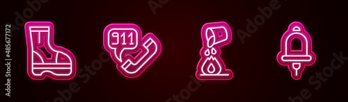 Set line Fire boots, Telephone call 911, Bucket extinguishing fire and Ringing alarm bell. Glowing neon icon. Vector