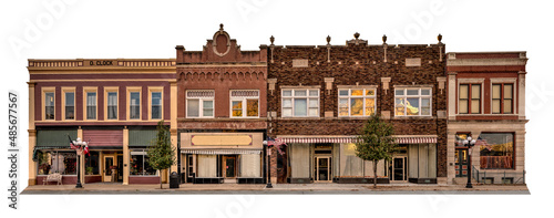 Store fronts on the town square on a white background.