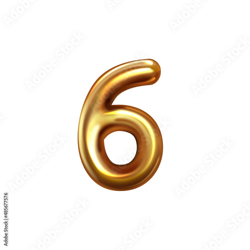 3d golden embossed number six on white background.