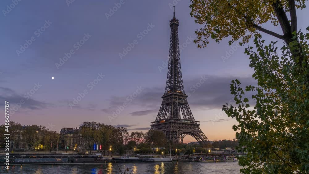 Eiffel Tower at Blue Hour With Moon in a Cloudy Sky in Paris Fall Colors Tree