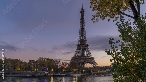 Eiffel Tower at Blue Hour With Moon in a Cloudy Sky in Paris Fall Colors Tree