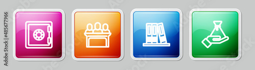 Set line Safe, Jurors, Office folders and Bribe money bag. Colorful square button. Vector