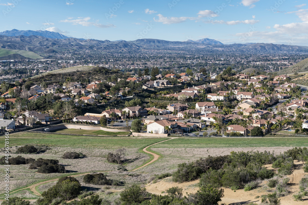 Suburban hiking trails leaving pleasant neighborhoods in Simi Valley, California.  