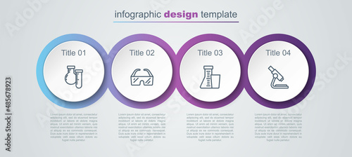 Set line Test tube and flask, Safety goggle glasses, and Microscope. Business infographic template. Vector