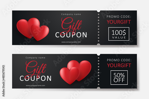 Set of gift coupons with red 3d hearts. Template for a festive gift voucher, invitation and certificate. Vector Illustration